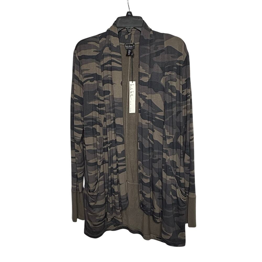 Nicole Miller Open Front Trendy Long Sleeve Green Camo Cardigan Size Medium New